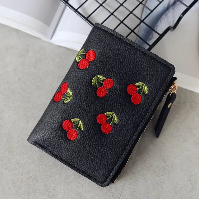 Cherry Embroidered Zip Wallet - orevele