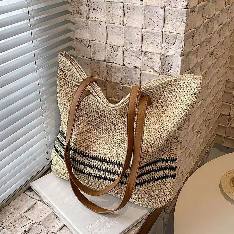 Striped Crochet Straw Tote Bag - orevele