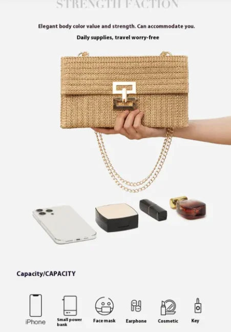 Women's Chain Flap Screw Lock Straw Bag - orevele