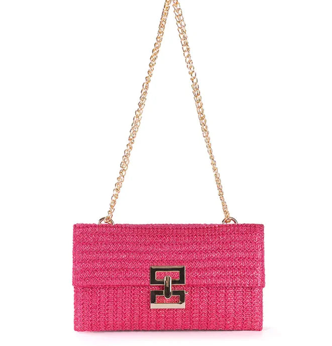 Women's Chain Flap Screw Lock Straw Bag - orevele