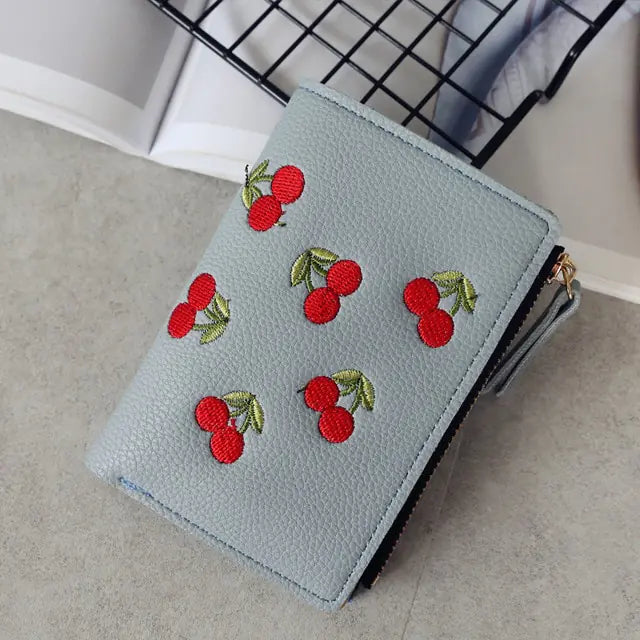 Cherry Embroidered Zip Wallet - orevele