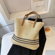 Load image into Gallery viewer, Striped Crochet Straw Tote Bag - orevele