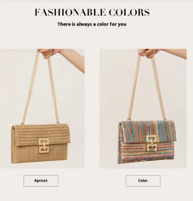 Women's Chain Flap Screw Lock Straw Bag - orevele