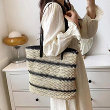 Load image into Gallery viewer, Striped Crochet Straw Tote Bag - orevele