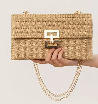 Women's Chain Flap Screw Lock Straw Bag - orevele